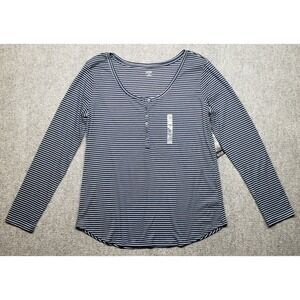 Ana Henley Top Womens 2XL Navy Snowdrift Blue Striped Scoop Neck Long Sleeve New